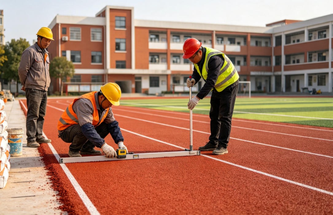 校园塑胶跑道球场施工现场，中小学体育场地建设标准实拍