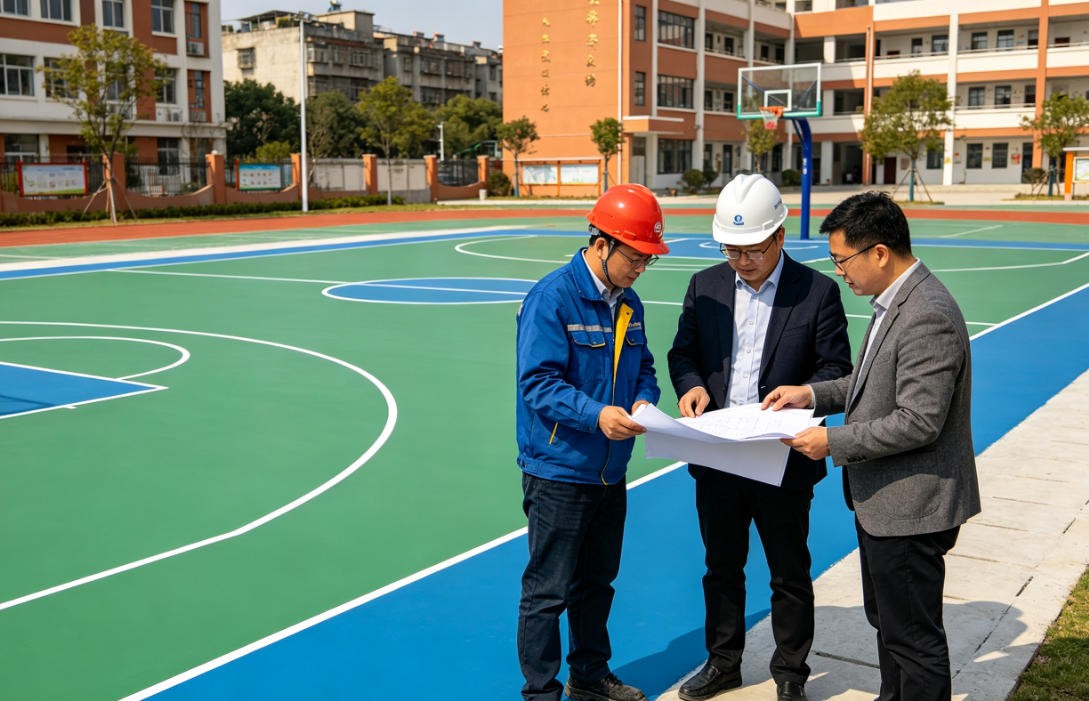 硅PU篮球场施工现场 户外运动球场摊铺作业实拍