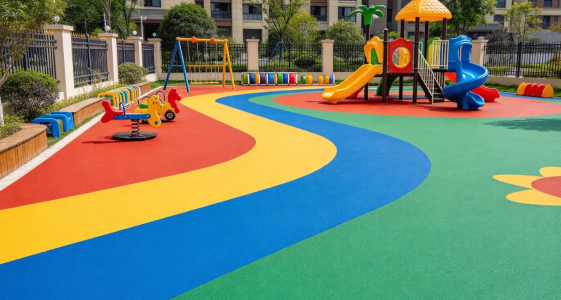 幼儿园彩色EPDM塑胶地面完工实景，无缝彩色颗粒地坪，儿童活动场地